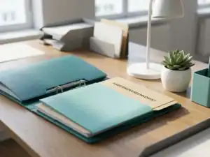 Arbeidscontract dat in een salarisadministratiemap wordt geschoven op een modern Nederlands bureau met een vetplantje en natuurlijk daglicht.