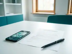 Arbeidscontract op wit bureau naast smartphone met salarisadministratie-dashboard en professionele pen in modern Nederlands kantoor.