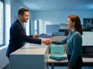 Werkgever overhandigt ondertekend arbeidscontract aan lachende medewerker bij modern bureau met turquoise ordners.
