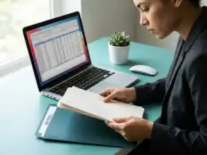 Werkgever bekijkt loonstrookdocumenten op minimalistisch bureau met laptop en succulent, zacht natuurlijk licht.