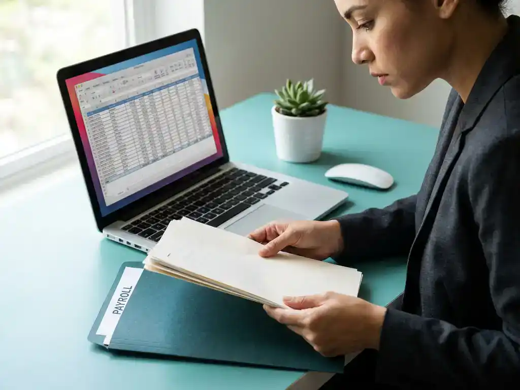 Werkgever bekijkt loonstrookdocumenten op minimalistisch bureau met laptop en succulent, zacht natuurlijk licht.