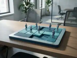 Schuifpuzzel van menselijke figuren op bureau symboliseert flexibele personeelsplanning in moderne kantooromgeving.