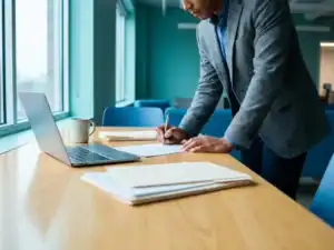 Freelancer ondertekent kortlopend projectcontract aan modern bureau met laptop en georganiseerde documenten in professionele kantooromgeving.