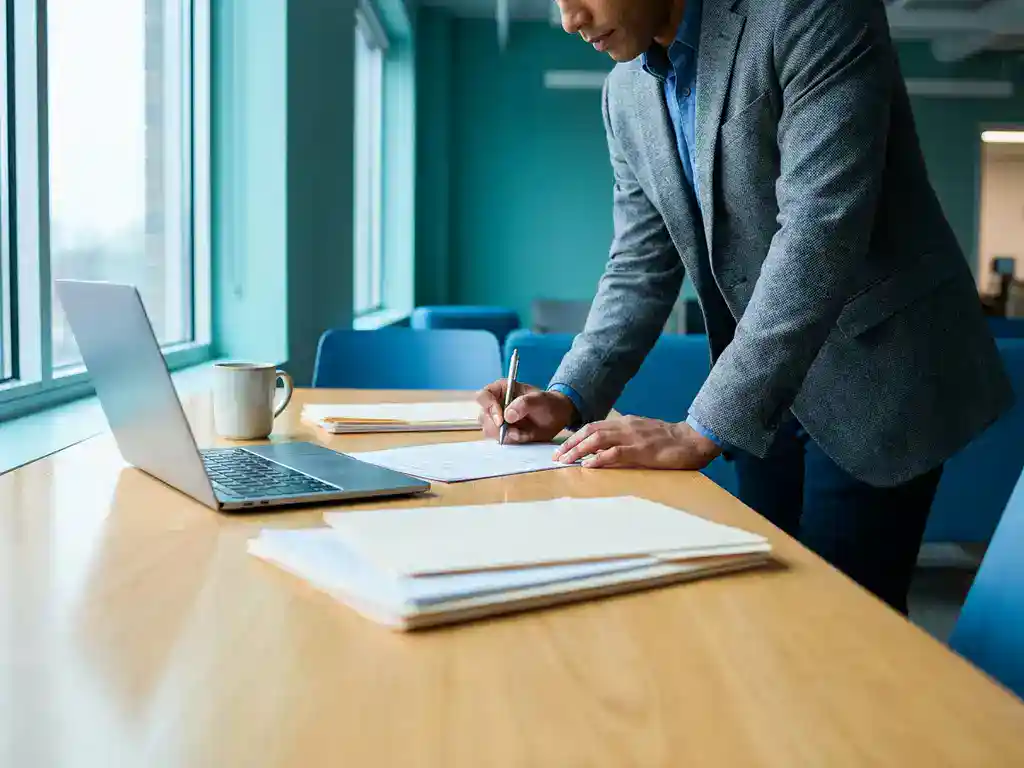 Freelancer ondertekent kortlopend projectcontract aan modern bureau met laptop en georganiseerde documenten in professionele kantooromgeving.