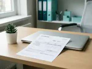 Loonstrook op modern bureau naast laptop en succulent in professionele HR-omgeving, zachte natuurlijke belichting.
