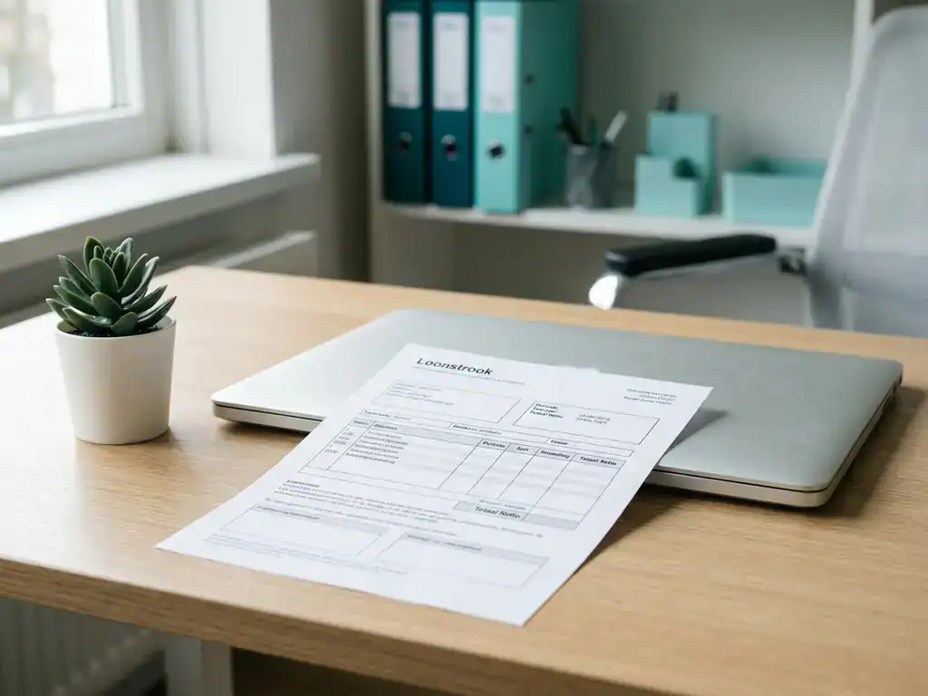 Loonstrook op modern bureau naast laptop en succulent in professionele HR-omgeving, zachte natuurlijke belichting.