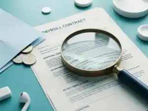 Vergrootglas op een salariscontract met kleine lettertjes, met euromuntjes op een modern bureau.