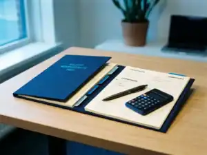 Open Nederlandse loonbelastingmap met officiële formulieren, pen en calculator op modern bureau in turquoise en marineblauw tinten.