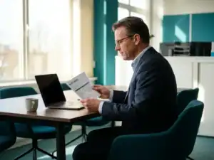 Nederlandse ondernemer aan modern bureau bekijkt gepersonaliseerd salarisadministratie voorstel in zakelijk kantoor met natuurlijk licht.