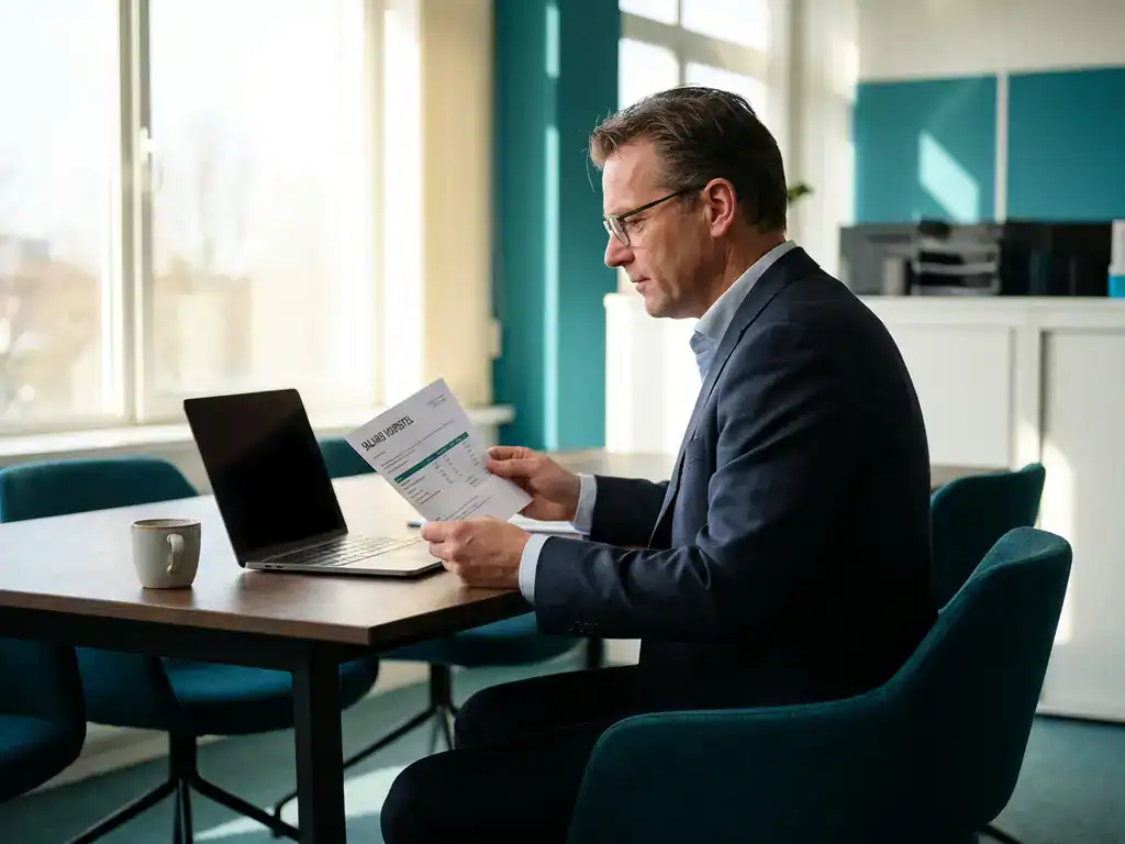 Nederlandse ondernemer aan modern bureau bekijkt gepersonaliseerd salarisadministratie voorstel in zakelijk kantoor met natuurlijk licht.