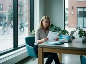 Intermediair bestudeert payrollcontract aan modern bureau met laptop en ordners in hedendaags kantoor.