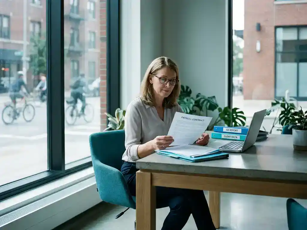 Intermediair bestudeert payrollcontract aan modern bureau met laptop en ordners in hedendaags kantoor.