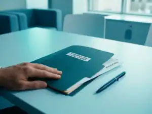 Personeelsdossier wordt gesloten op modern bureau met definitieve loonstrook en pen, in rustige blauwgroene tinten.