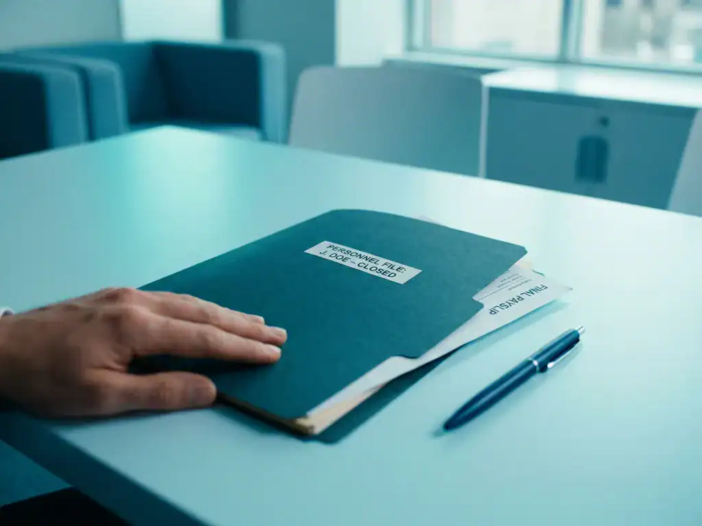Personeelsdossier wordt gesloten op modern bureau met definitieve loonstrook en pen, in rustige blauwgroene tinten.