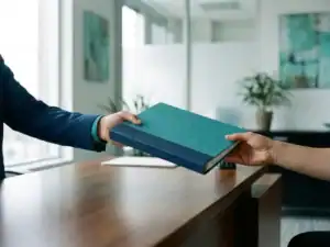 Intermediair overhandigt een personeelsdossier aan een zakenpartner over een modern bureau in een strak kantoor.
