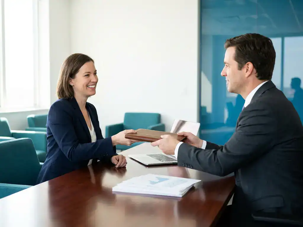 Recruiter overhandigt kandidaatdossier aan professional aan modern bureau met laptop en loonsdocumenten op de achtergrond.