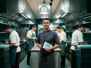 Restaurantmanager bekijkt personeelsrooster op tablet in drukke professionele keuken met koks op de achtergrond.