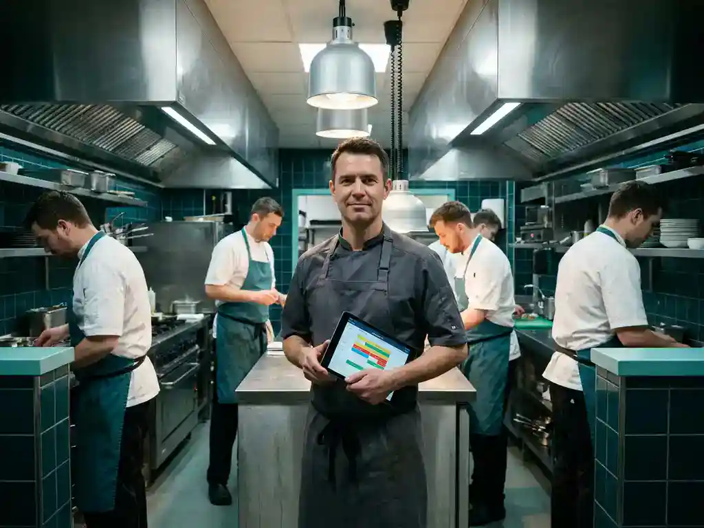 Restaurantmanager bekijkt personeelsrooster op tablet in drukke professionele keuken met koks op de achtergrond.