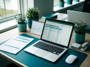 Salarisadministrateur bureau met verlofformulier, laptop met loonberekening en kalender met ziektemeldingen in modern kantoor.