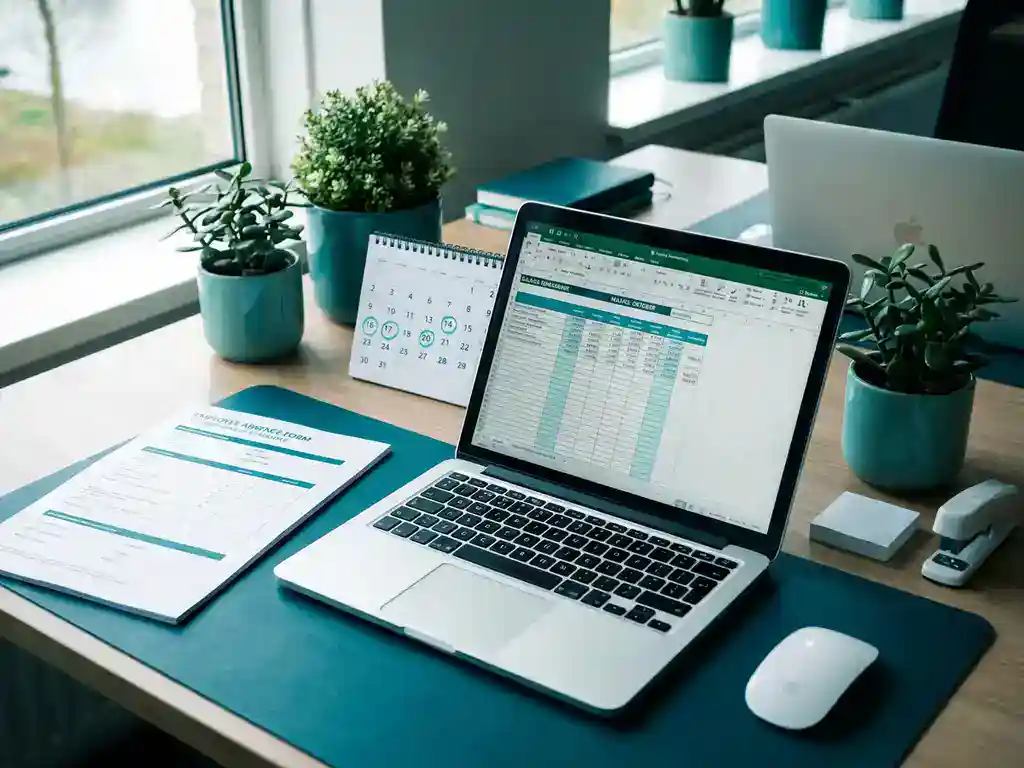 Salarisadministrateur bureau met verlofformulier, laptop met loonberekening en kalender met ziektemeldingen in modern kantoor.