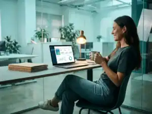 Ondernemer ontspannen achter modern bureau met laptop waarop een salarisdashboard zichtbaar is, omgeven door personeelsmappen in turquoise werkruimte.