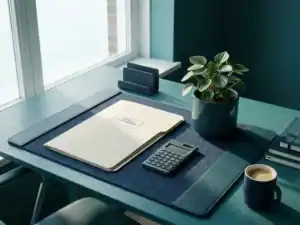 Nette bureau met loonstrookmap, rekenmachine en groen plantje in turquoise en blauwgroen kantooromgeving met zacht ochtendlicht.