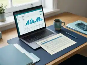 Payrolladministrateur bureau met gedrukt dienstroosters en digitale urenstaat op laptop, koffiekop en pen in koele blauw-tint belichting.