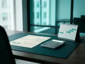 Salarisadministrateur bureau met loonstrook, rekenmachine en vakantiedagenkalender in modern Nederlands kantoor met turquoise tinten.