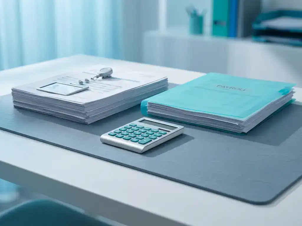 Georganiseerde bureauopstelling met bedrijfsdocumenten, salarismappen en calculator op strak modern werkblad in tinten turquoise en blauw.