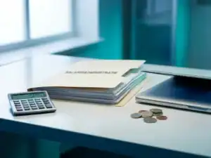 Calculator, salarisadministratiemap en euromunten op wit bureau voor Nederlandse loonkostenberekening.