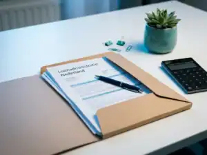 Open Nederlandse loonstrookmap op modern bureau met rekenmachine en kleine kamerplant, turquoise accenten en zacht blauw licht.
