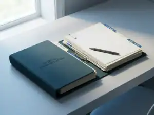 Open map met salarisadministratie, loonstroken en belastingdocumenten uitgespreid op modern bureau met pen.