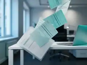 Salarismap met loondocumenten die van een modern bureau vallen, laptop op achtergrond, strak kantoorinterieur in tint- en turquoisetinten.