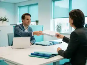 Recruitmentconsultant overhandigt stapel salarisadministratiedocumenten aan collega op modern bureau met laptop en georganiseerde mappen.