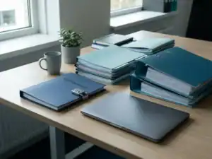 Personeelsdossier met combinatieslot op georganiseerd salarisadministratie bureau met laptop en gestapelde documenten.
