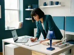 Ondernemer aan modern bureau bestudeert loonberekeningsoverzicht naast laptop en geordende arbeidscontracten, strak kantoor in teal en wit.