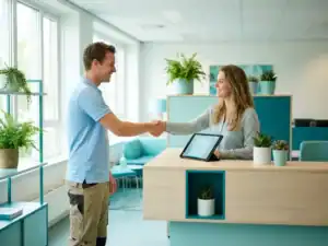 Seizoenswerker in zomers uniform wordt verwelkomd bij moderne kantoorontvangsttafel met digitaal contract op tablet.