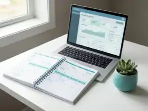 Open agenda met vakantiedagen naast laptop met salarisadministratie-dashboard op modern bureau, omringd door een vetplantje in zacht natuurlijk licht.