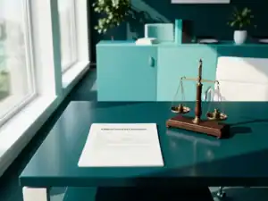 Werkgeversbureau met arbeidsovereenkomst en weegschaal in modern kantoor met natuurlijk licht en teal tinten.