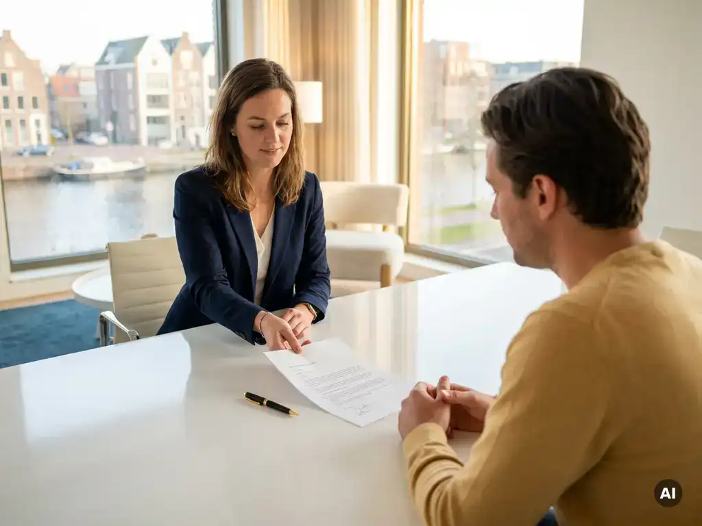 HR-consultant schuift ondertekend arbeidscontract over wit bureau naar ondernemer in modern Amsterdam kantoor.