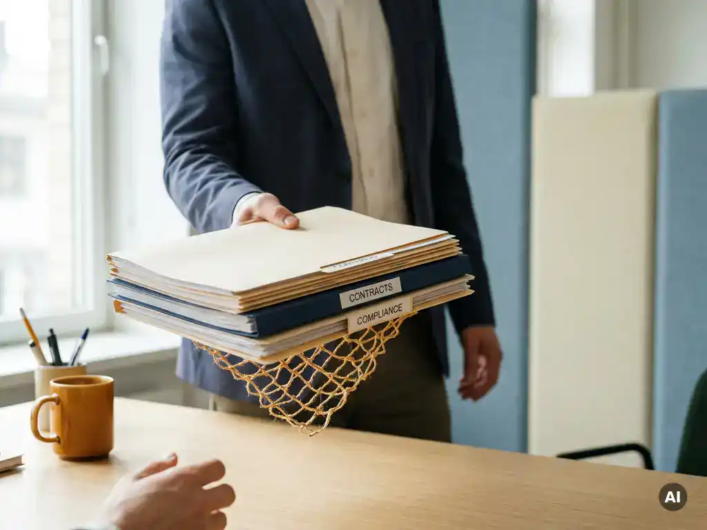 Tussenpersoon overhandigt stapel administratieve contracten en compliance-mappen aan professional over modern bureau.