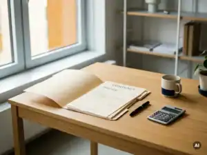 Eiken bureau met factuur, calculator en pen naast open contractmap in modern kantoor met natuurlijk licht.