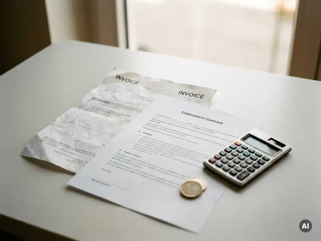 Verfrommelde papieren factuur half bedekt door een arbeidscontract op wit bureau, met rekenmachine en euromunt.