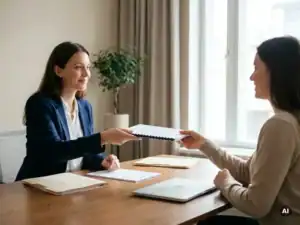 Freelancer overhandigt ondertekend contract aan salarisadministrateur aan modern bureau met laptop en georganiseerde documenten.
