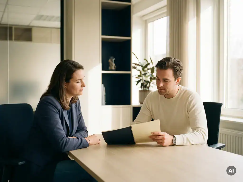 Freelancer en salarisadministrateur aan modern bureau met arbeidsovereenkomst, professioneel kantoor in Nederland, natuurlijk raamlicht.