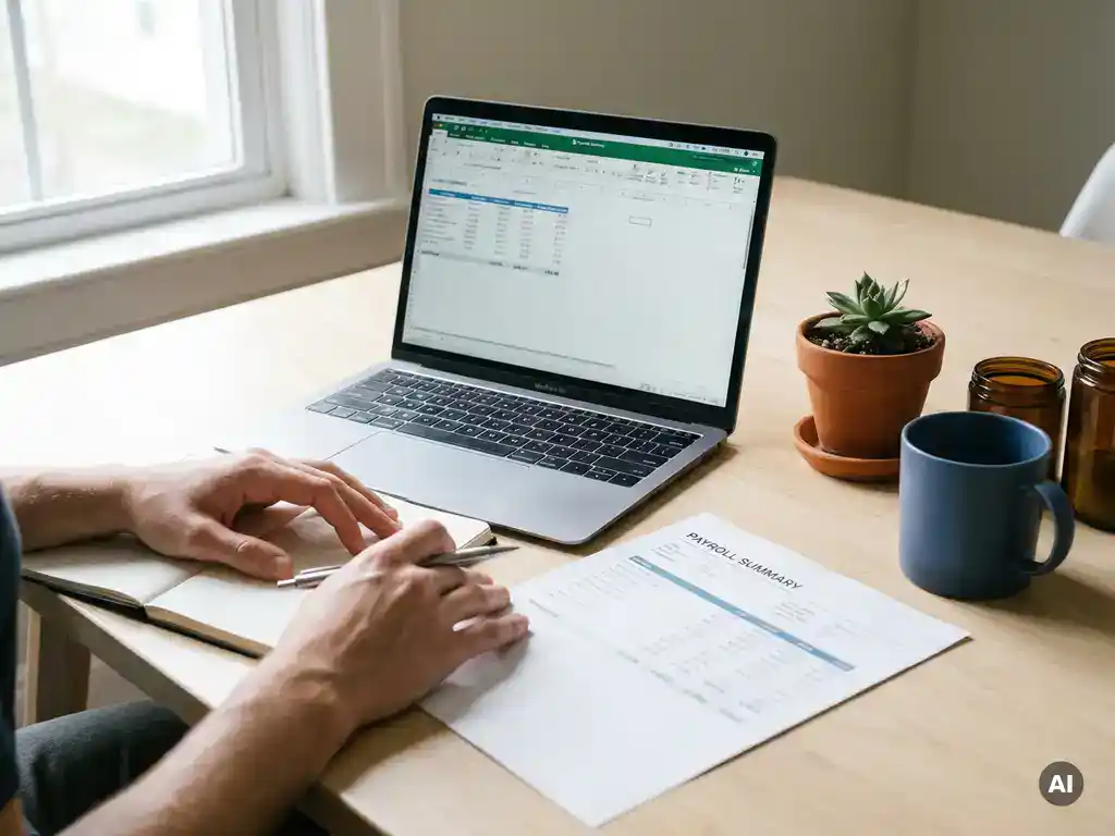 Freelancer bekijkt loonstrookenoverzicht aan modern bureau met laptop en succulent in zacht natuurlijk licht.