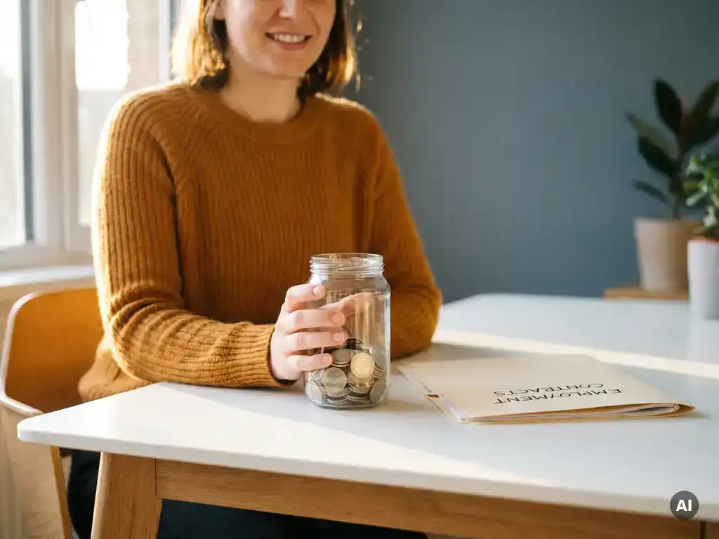 Ondernemer bekijkt glazen pot met euromunten naast arbeidscontracten op bureau, symboliseert betaalbare loonkosten voor kleine bedrijven.
