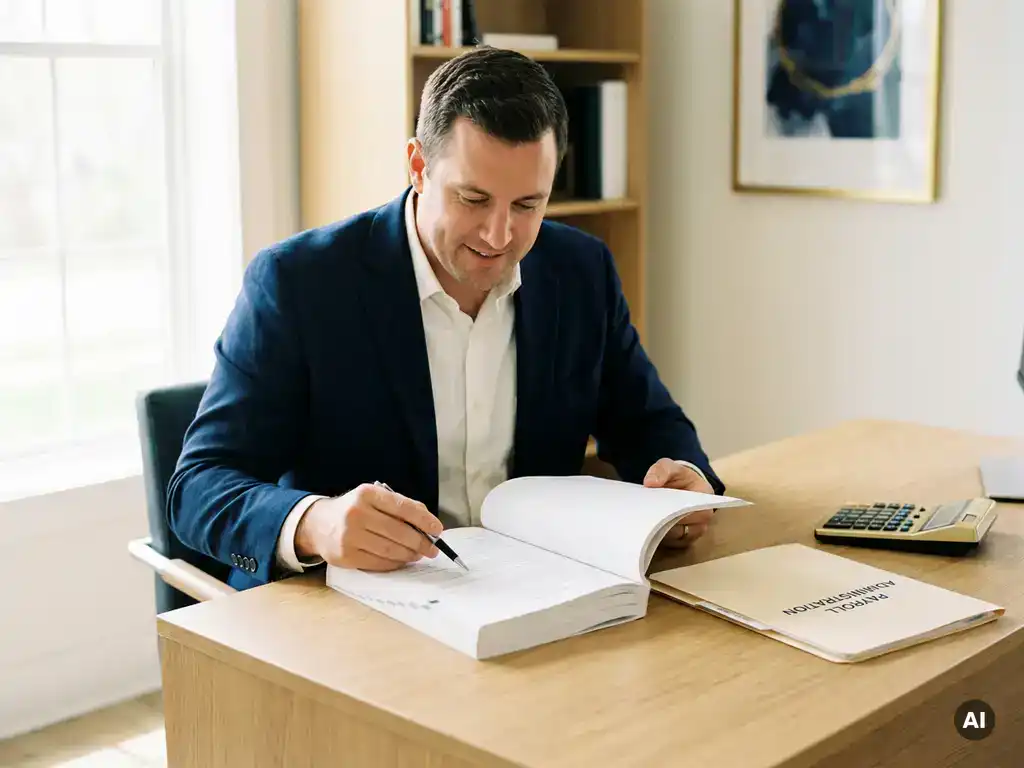 Zelfstandig contractant bekijkt langlopend contract aan modern bureau met salarisadministratie map en rekenmachine, kantooromgeving.