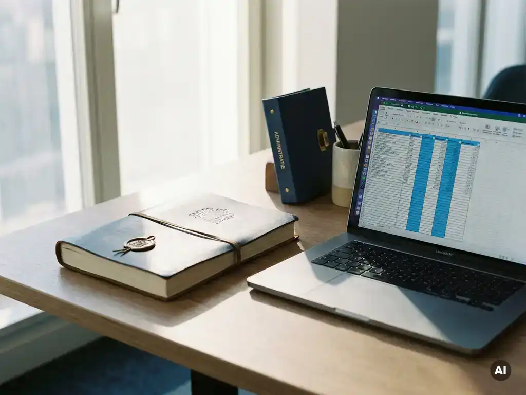 Officieel overheidsdocument met zegel op modern bureau, naast laptop met spreadsheet en Nederlandse administratieve map.