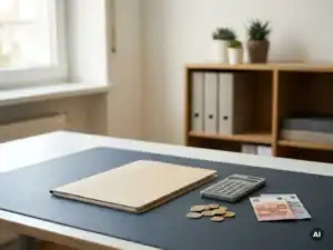 Personeelsdossier op opgeruimd kantoorbureau met rekenmachine, euromunten en bankbiljetten in natuurlijk raamlicht.